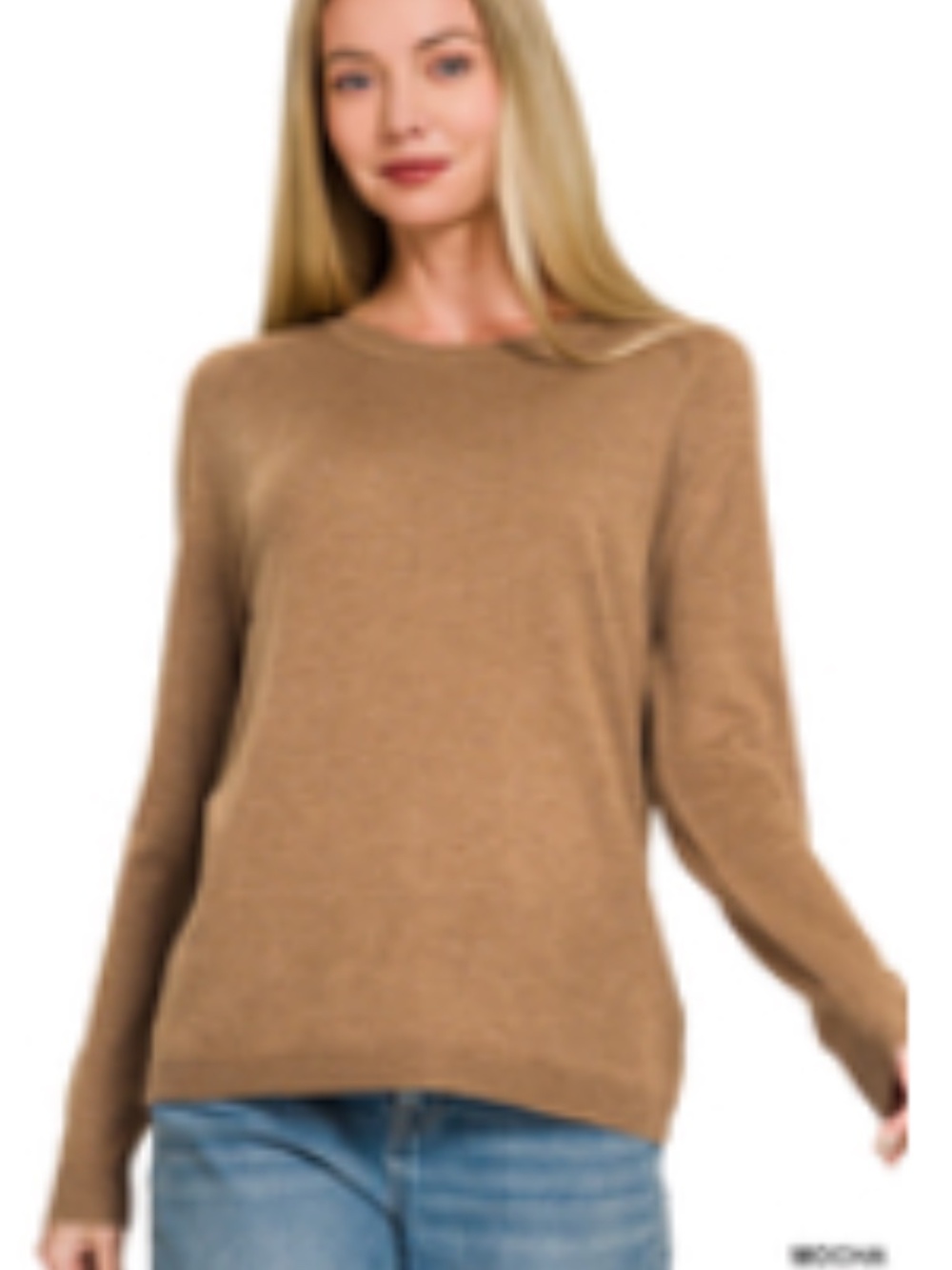 #1180 Zenana Lightweight Wool Blend Round Neck Sweater- Mocha